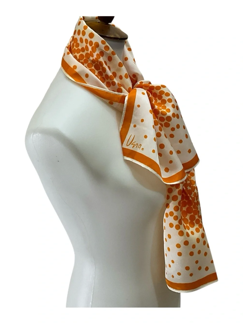 Vintage Vera Scarf Orange Ivory Polka Dot Acetate Long Oblong 42.5”